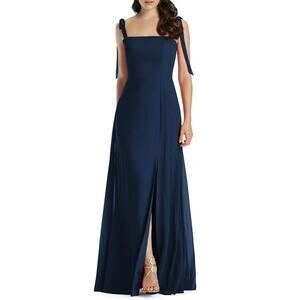 Dessy Collection Tie Strap Chiffon Gown with Front Slit Midnight Blue 12-R